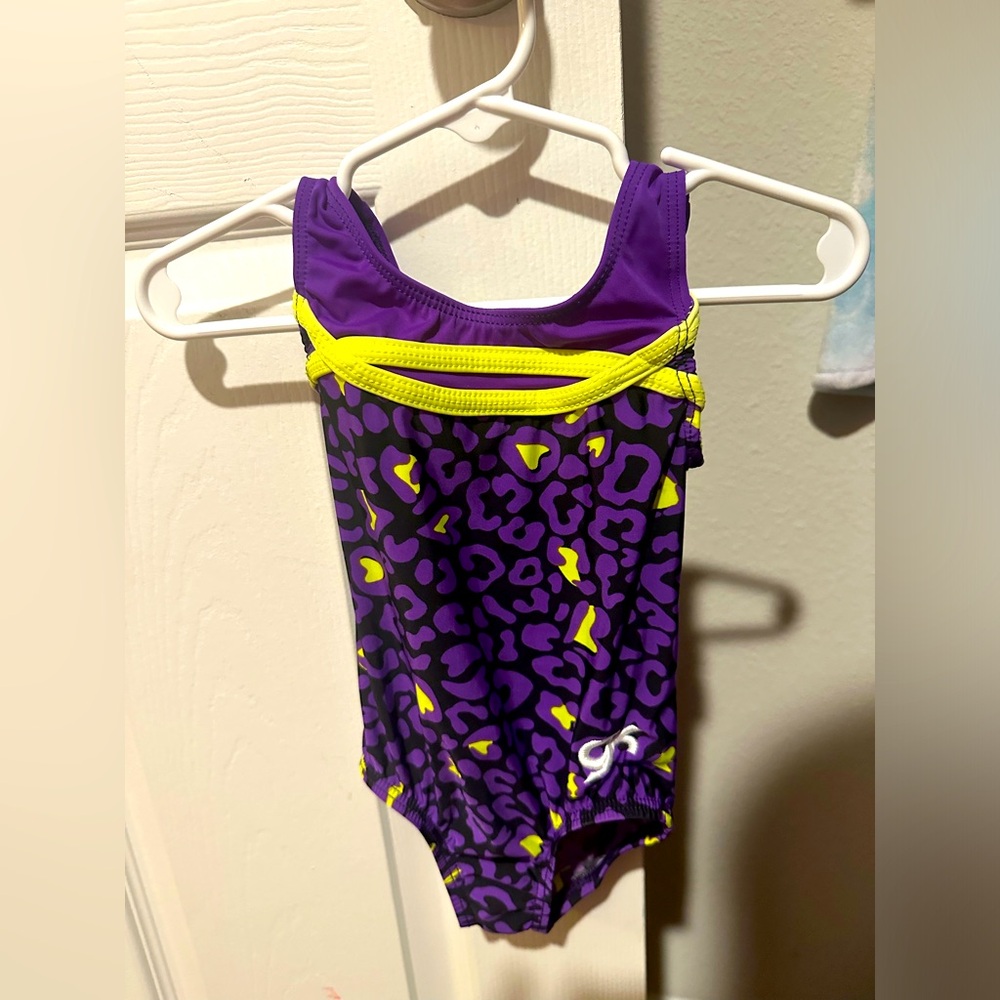 GK toddler leotard purple, yellow, and black leopard print